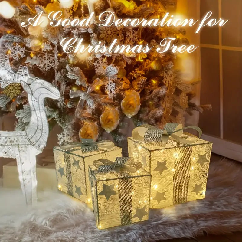 LED-Geschenkboxen Weihnachtsdeko | 3er-Set mit Sternmotiven & Schleifen | Batteriebetrieben, warmweißes LED-Licht 5