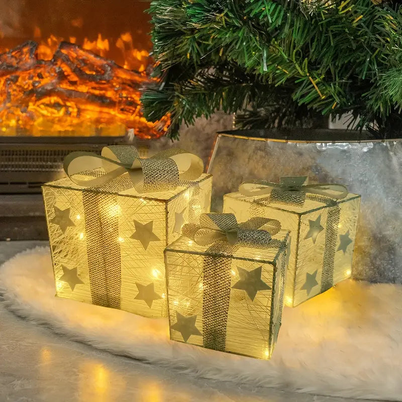 LED-Geschenkboxen Weihnachtsdeko | 3er-Set mit Sternmotiven & Schleifen | Batteriebetrieben, warmweißes LED-Licht 6