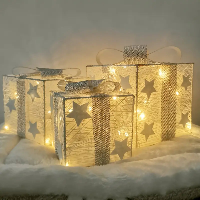 LED-Geschenkboxen Weihnachtsdeko | 3er-Set mit Sternmotiven & Schleifen | Batteriebetrieben, warmweißes LED-Licht 7