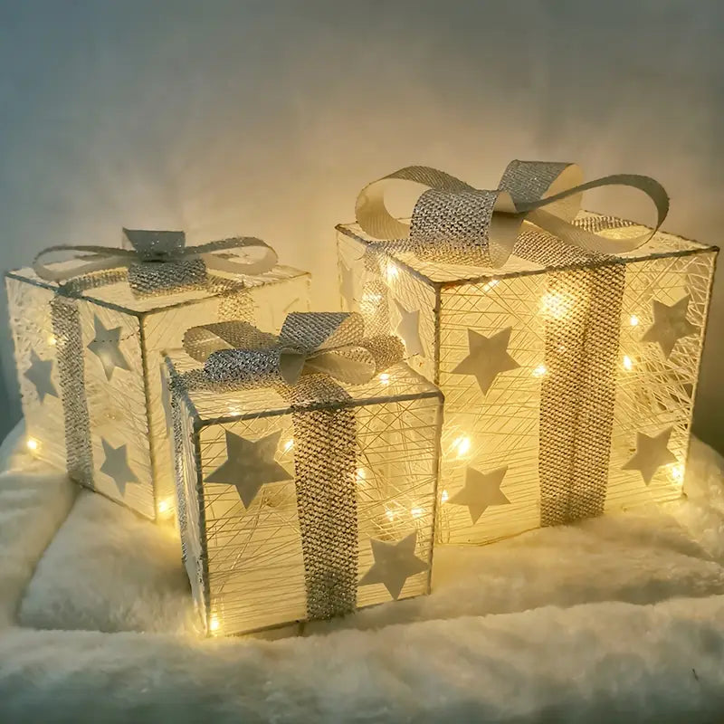 LED-Geschenkboxen Weihnachtsdeko | 3er-Set mit Sternmotiven & Schleifen | Batteriebetrieben, warmweißes LED-Licht 8