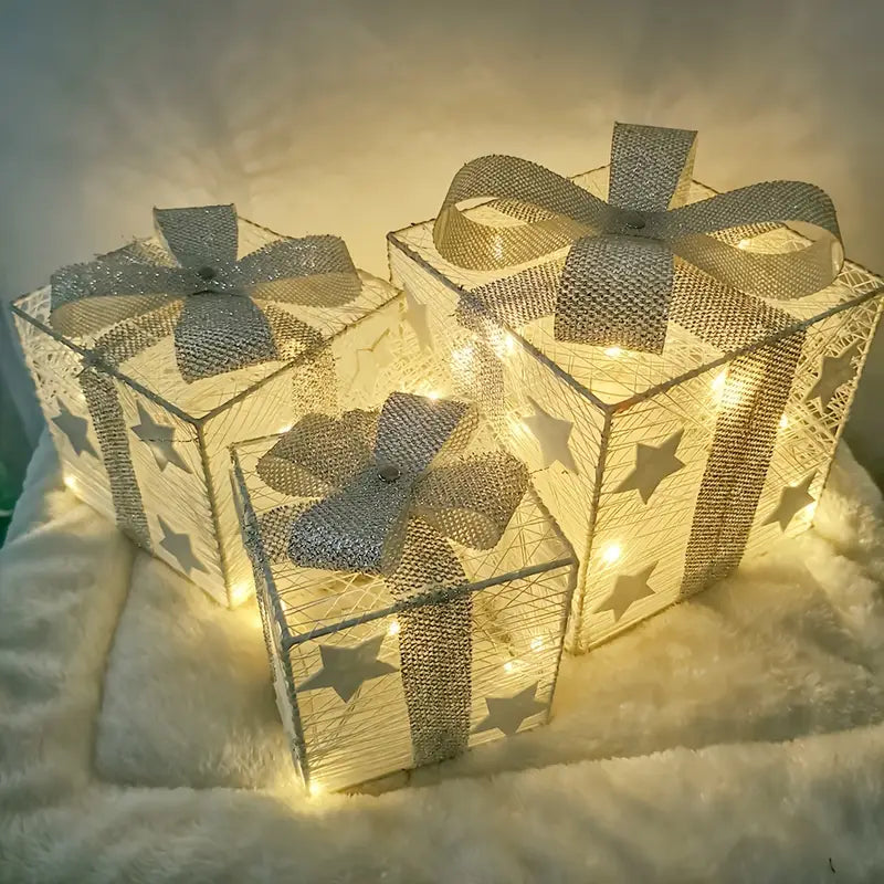 LED-Geschenkboxen Weihnachtsdeko | 3er-Set mit Sternmotiven & Schleifen | Batteriebetrieben, warmweißes LED-Licht 9