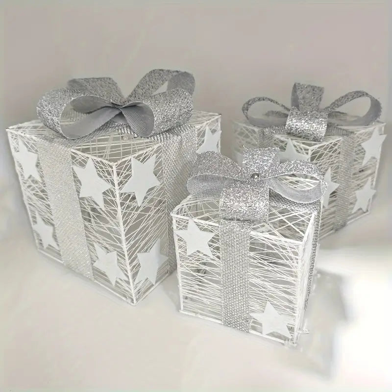 LED-Geschenkboxen Weihnachtsdeko | 3er-Set mit Sternmotiven & Schleifen | Batteriebetrieben, warmweißes LED-Licht 1