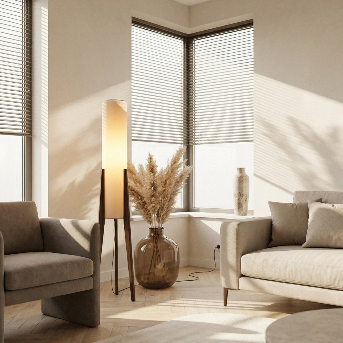 Stehlampe Walnussholz 127 cm | Stoffschirm mit Messingakzenten | Blendfreies LED-Licht für Wohnzimmer & Schlafzimmer 4