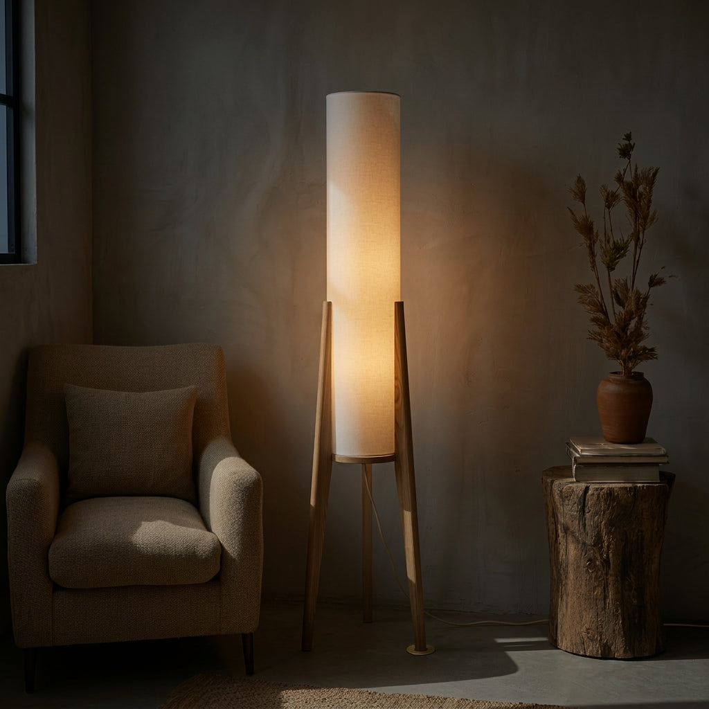 Stehlampe Walnussholz 127 cm | Stoffschirm mit Messingakzenten | Blendfreies LED-Licht für Wohnzimmer & Schlafzimmer 8