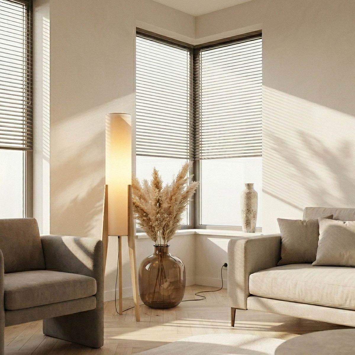 Stehlampe Walnussholz 127 cm | Stoffschirm mit Messingakzenten | Blendfreies LED-Licht für Wohnzimmer & Schlafzimmer 3