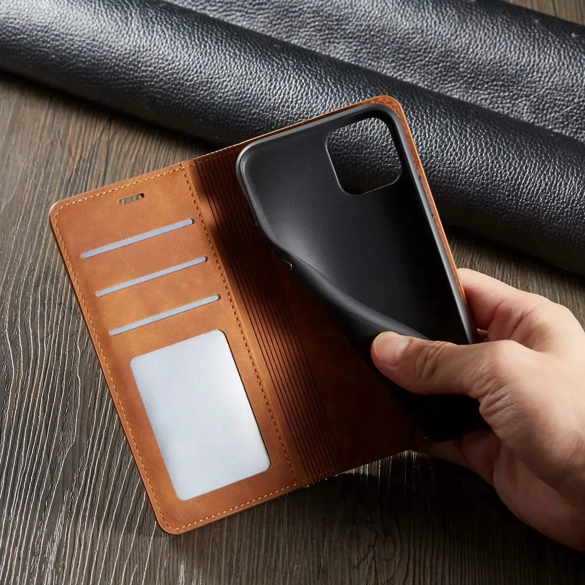 iPhone Leder-Wallet-Hülle | Magnetischer Kartenhalter für Karten und Ausweis | Schlanker Rundumschutz für Tasten und Kamera 1