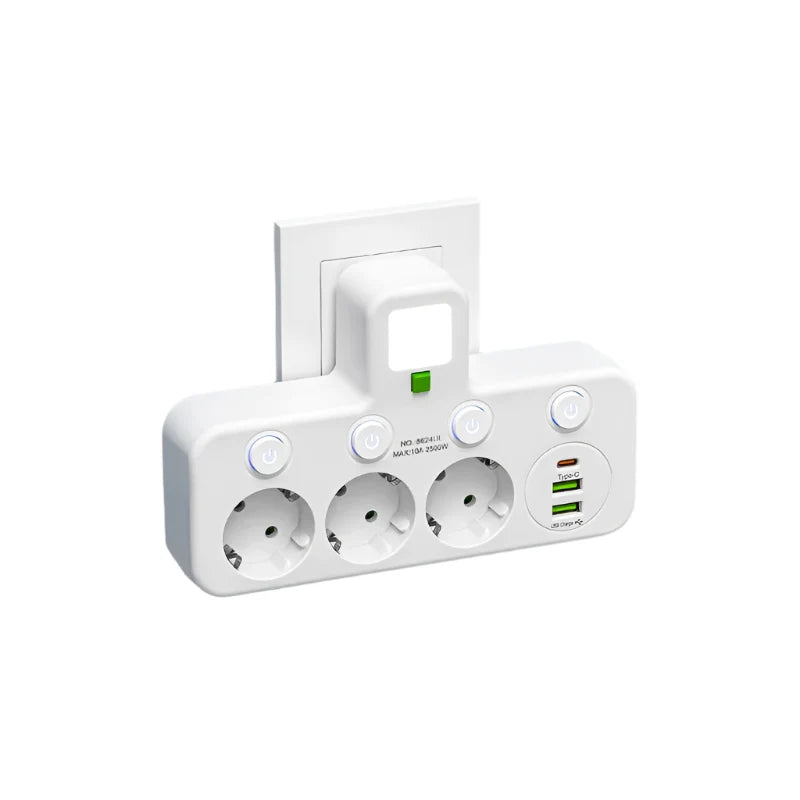 Mehrfachsteckdose mit 2× USB & 1× Typ-C | 3–4 Steckplätze, 2500 W Leistung | Überspannungsschutz, Kontrollschalter & LED-Anzeige 1