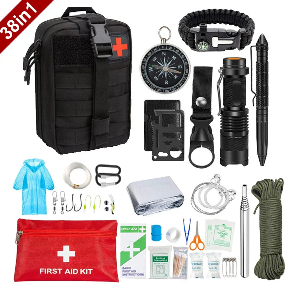 Notfall- und Survival-Set 38-teilig | Molle-kompatible Tasche, wasserfest | Ideal für Camping, Wandern und Notfälle 1