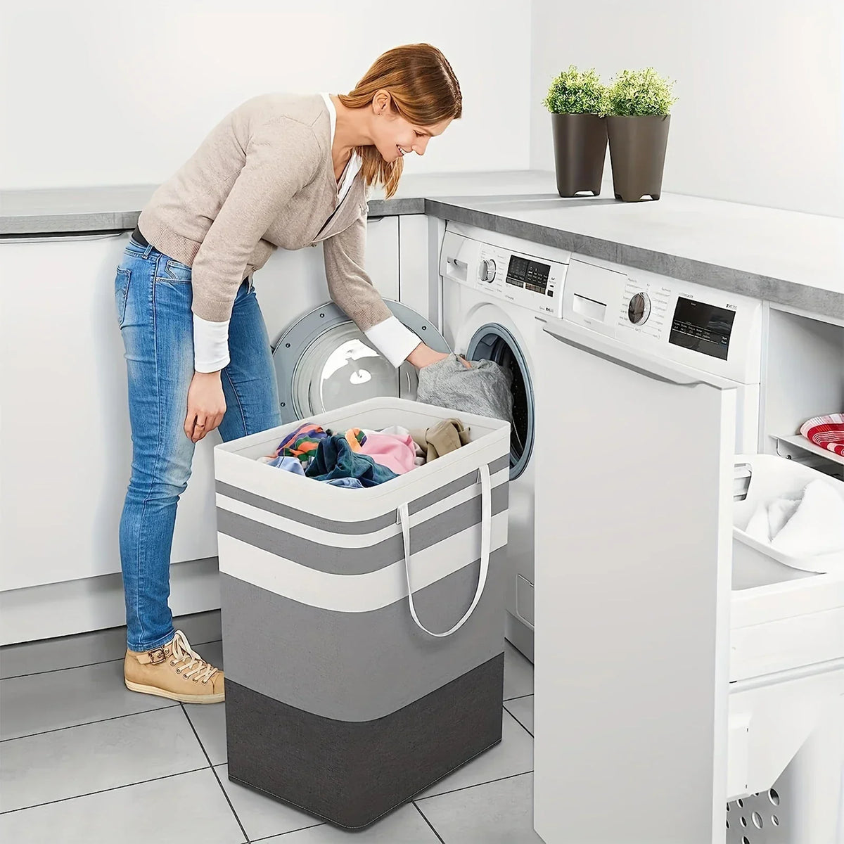 Wäschekorb faltbar 75L mit Griffen | Strapazierfähiges Polyester | Platzsparend verstaubar für Wäsche, Decken & Spielzeug 2