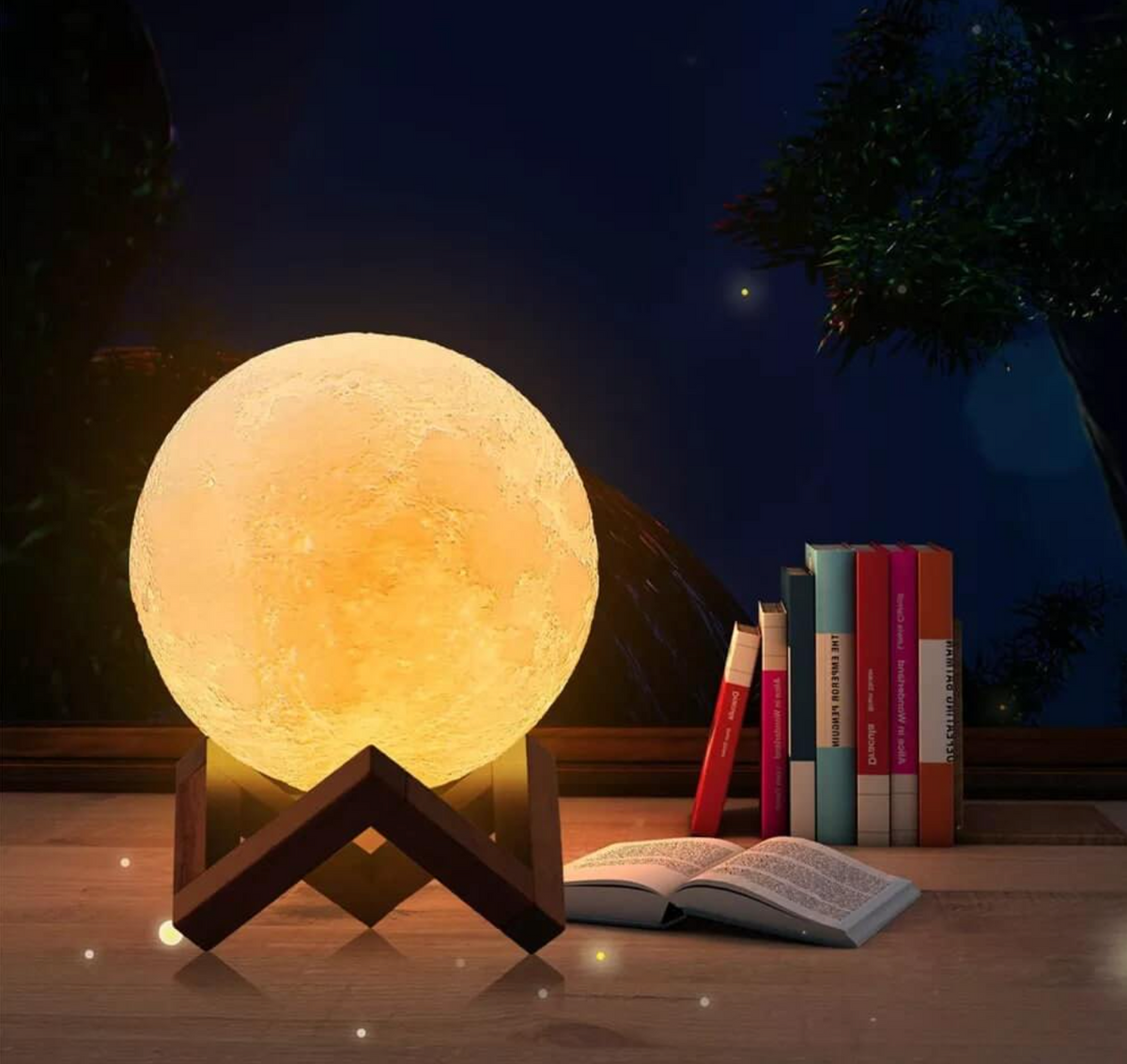 LED Mondlampe Kunststoff 15/22 cm | Weiß mit Holzständer | 16 Farben, Fernbedienung, kabellos & USB-aufladbar für zuhause 9