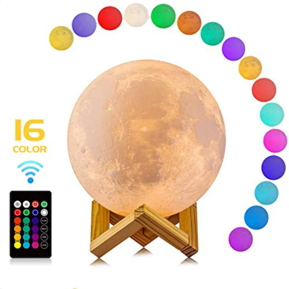 LED Mondlampe Kunststoff 15/22 cm | Weiß mit Holzständer | 16 Farben, Fernbedienung, kabellos & USB-aufladbar für zuhause 5