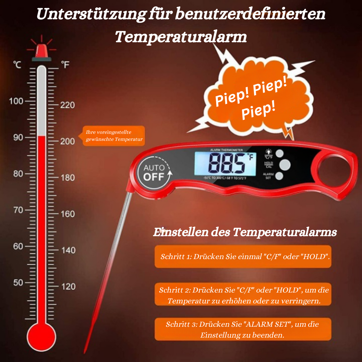 Digitales Fleischthermometer aus Edelstahl | Mit 101,6 cm Kabelsonde für Ofen und Grill | Präzise Anzeige mit Alarmfunktion 2