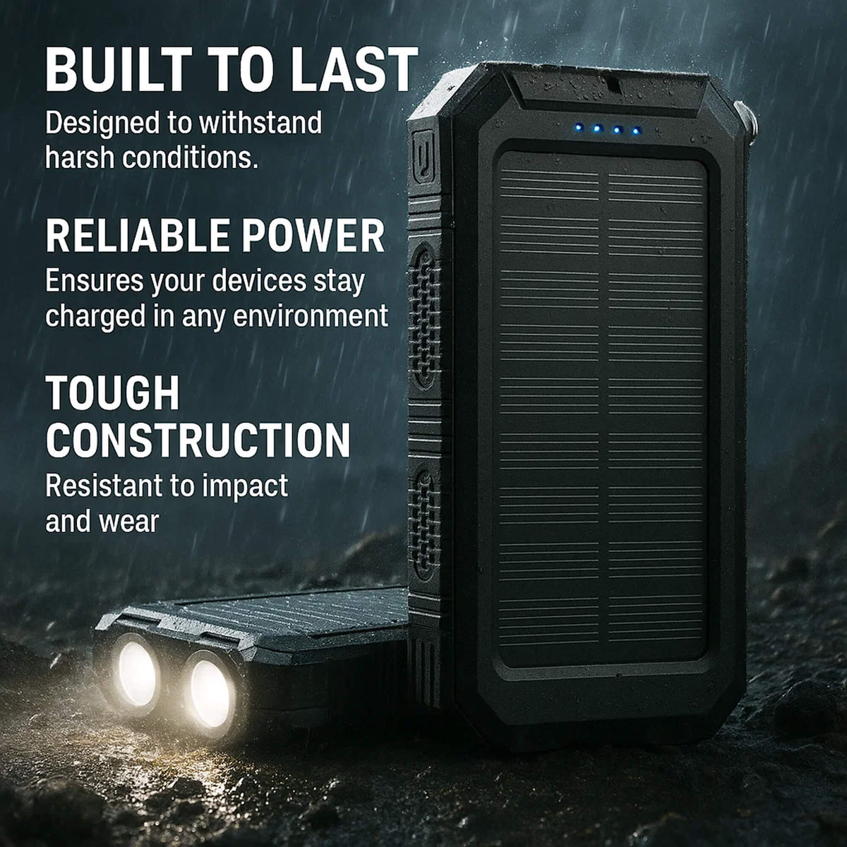 Solar Powerbank 20000 mAh | Wasserdicht, Stoßfest & Regenbeständig | LED-Taschenlampe mit mehreren Modi für Camping und Reisen 2