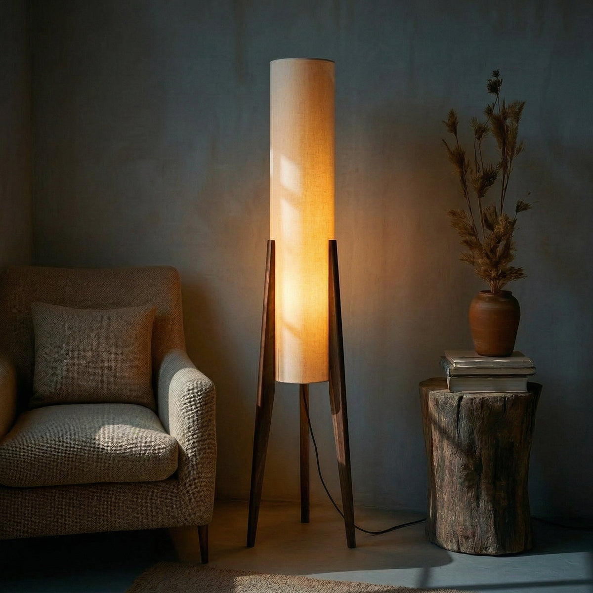 Stehlampe Walnussholz 127 cm | Stoffschirm mit Messingakzenten | Blendfreies LED-Licht für Wohnzimmer & Schlafzimmer 6