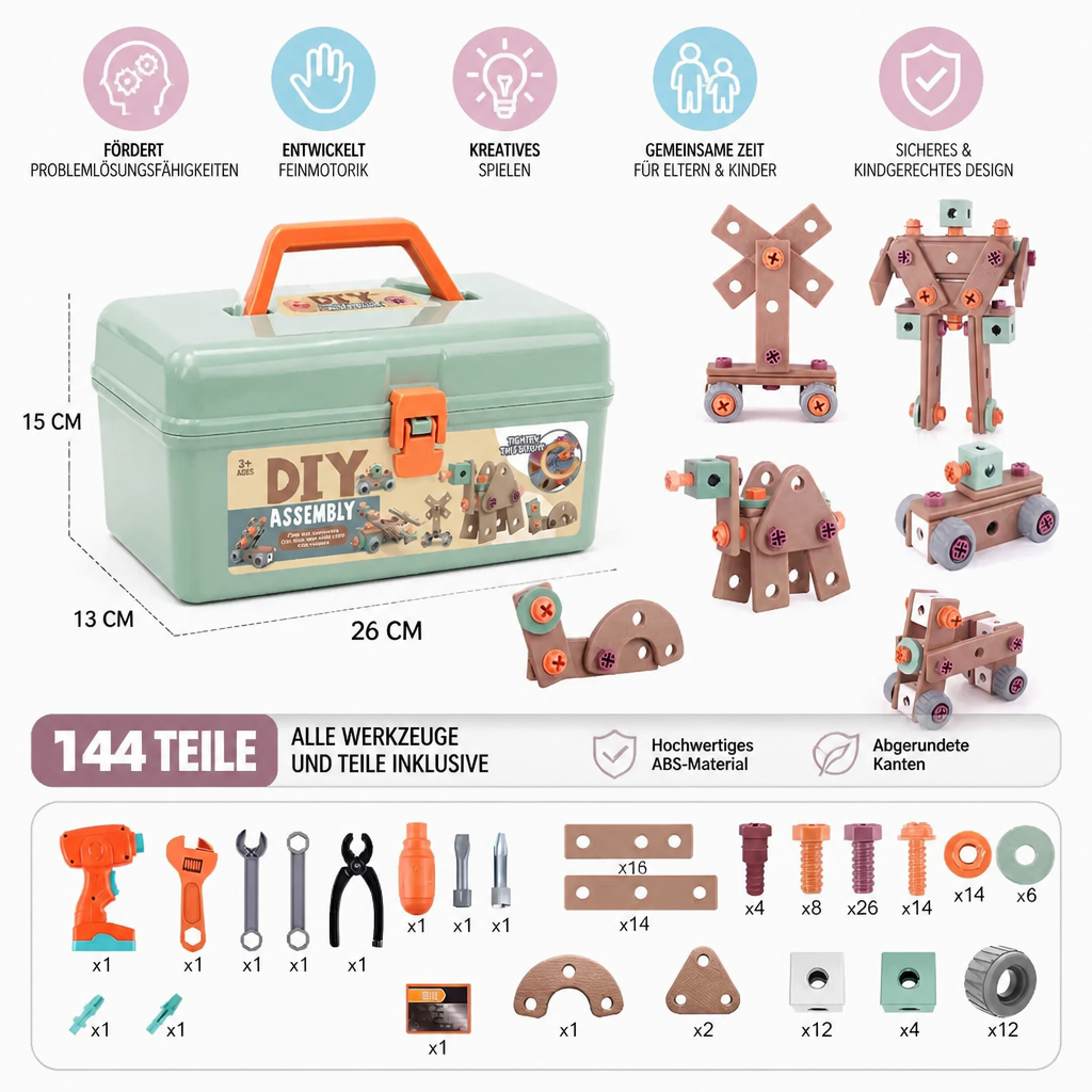 Kinder-Werkzeugset 144-teilig mit Bohrmaschine & Werkzeugkoffer | STEM Montessori-Bauset | Fördert Feinmotorik & Kreativität 7
