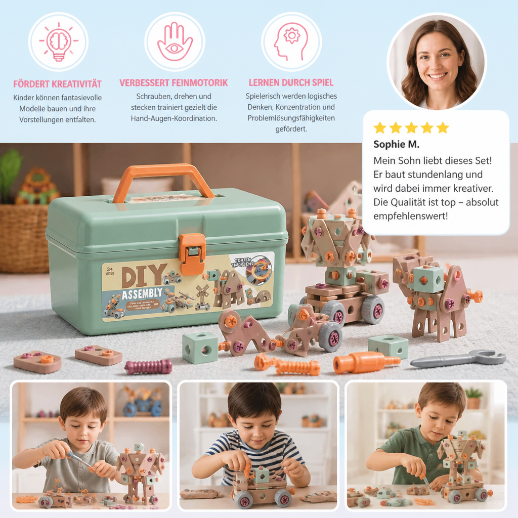 Kinder-Werkzeugset 144-teilig mit Bohrmaschine & Werkzeugkoffer | STEM Montessori-Bauset | Fördert Feinmotorik & Kreativität 6