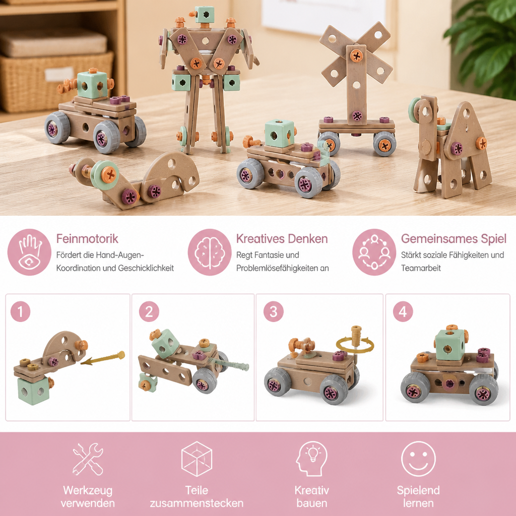 Kinder-Werkzeugset 144-teilig mit Bohrmaschine & Werkzeugkoffer | STEM Montessori-Bauset | Fördert Feinmotorik & Kreativität 4