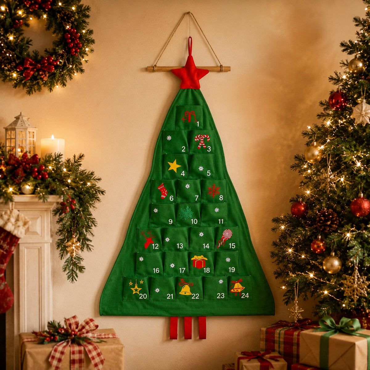 Adventskalender zum Befüllen 2026 Weihnachtsbaum | 24 Fächer zum Selbstbefüllen | Stoff, wiederverwendbar, festliches Design 3