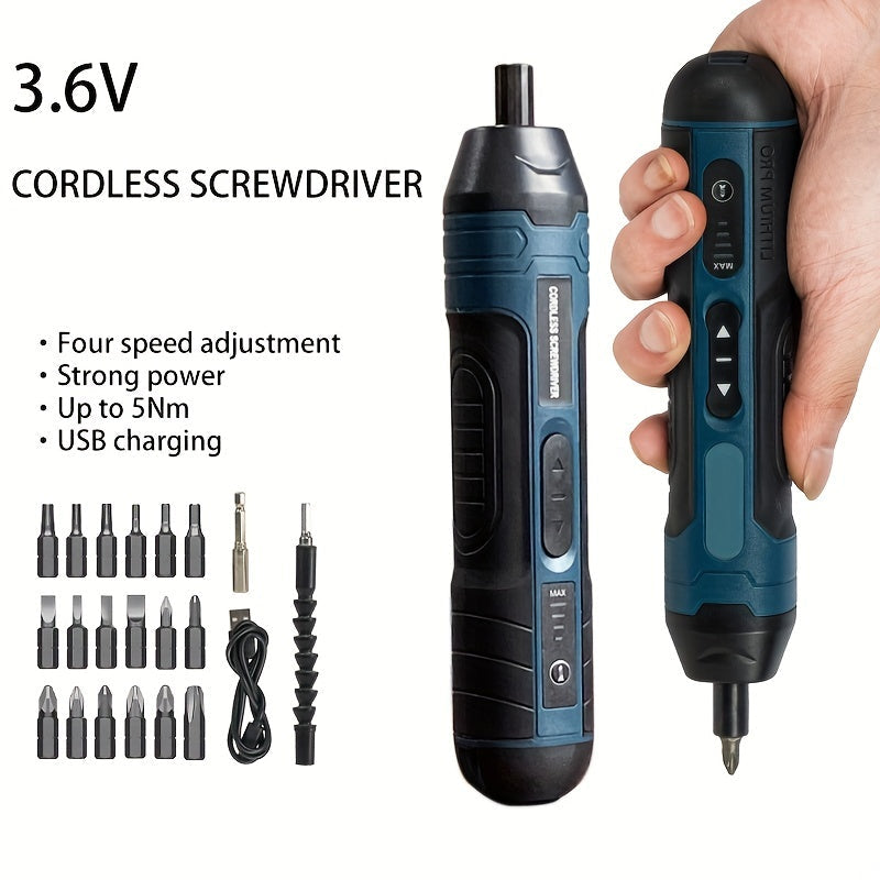 Akkuschrauber Set Kompakt 3.6V Lithium-Akku | 4 Drehmomentstufen, bis 5 Nm | USB-Ladefunktion, 20 Bits inklusive 2