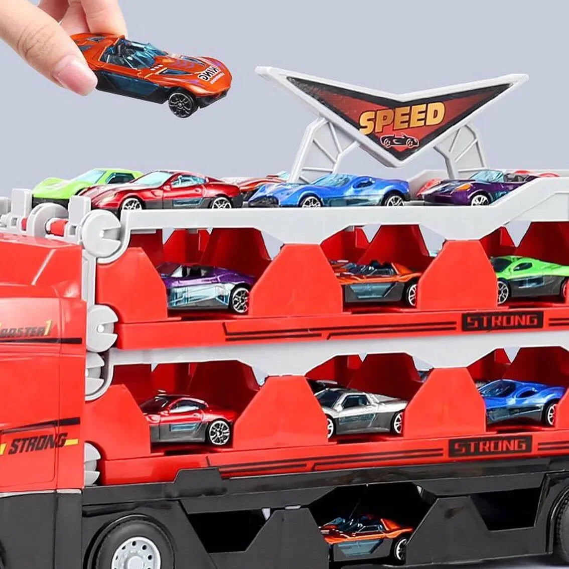 Rennstrecke Lastwagen 207 cm | 2in1 Transporter & Ausklappbare Rennbahn | Inklusive 12 Rennautos & Stauraum für Kinder 8