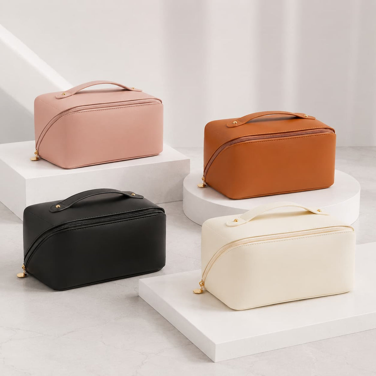 Kosmetiktasche Kunstleder mit 5 Fächern | 23,5x11x10,5 cm, wasserabweisend | Erhältlich in Rosa, Braun, Schwarz, Creme 2