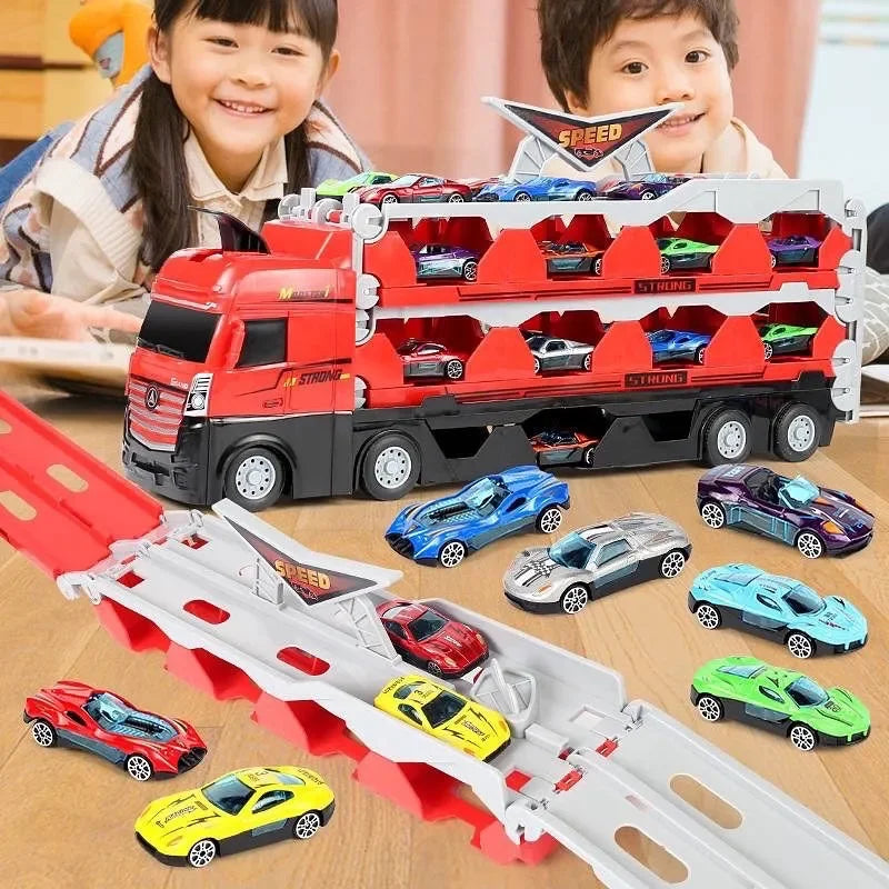 Rennstrecke Lastwagen 207 cm | 2in1 Transporter & Ausklappbare Rennbahn | Inklusive 12 Rennautos & Stauraum für Kinder 1