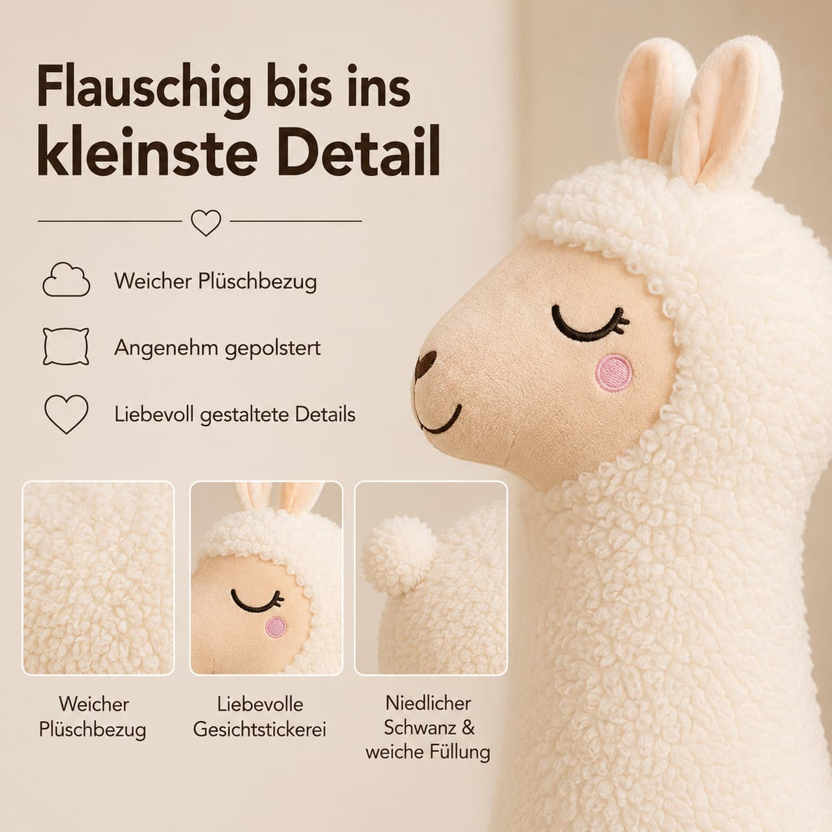 Alpaka Seitenschläferkissen Plüsch 100/130 cm | Weiß oder Braun | Flauschiges Ganzkörperkissen zum Kuscheln und Anlehnen 5