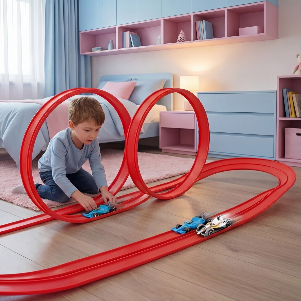 Flexibles Rennstrecken-Set mit biegsamen Schienen | Farben: Rot oder Blau | Leuchtende Elemente für Renn-Action bei Nacht 2