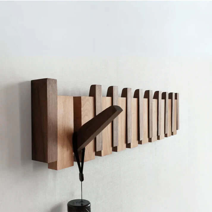 Garderobenleiste Holz, 8 Klapphaken | Klavierdesign, Nussbaum & Buche | Platzsparende Magnethaken für die Diele 4