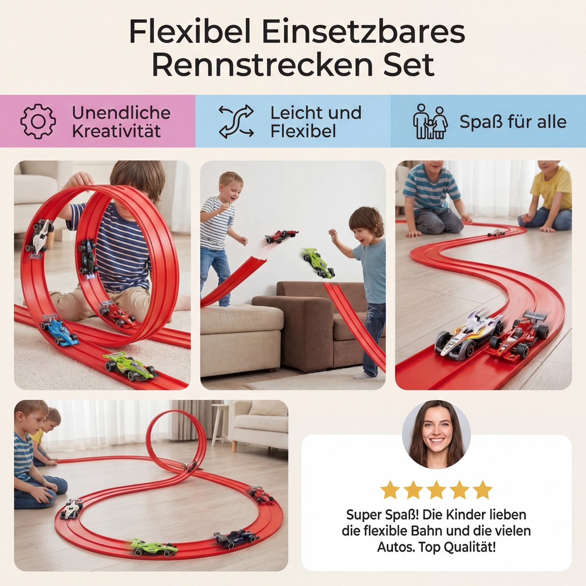 Flexibles Rennstrecken-Set mit biegsamen Schienen | Farben: Rot oder Blau | Leuchtende Elemente für Renn-Action bei Nacht 4