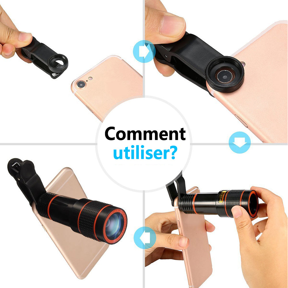Teleobjektiv Kit für Handykamera 12X Zoom | Klemm-Clip mit Fokusring | Scharfe Fotos aus der Ferne und als Fernglas nutzbar 5