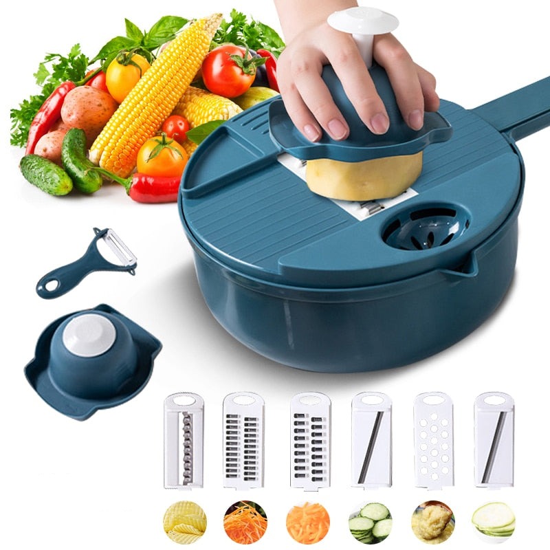 Multifunktionaler Gemüseschneider, blau, mit verschiedenen Klingen, ideal für Küche und Salate.
