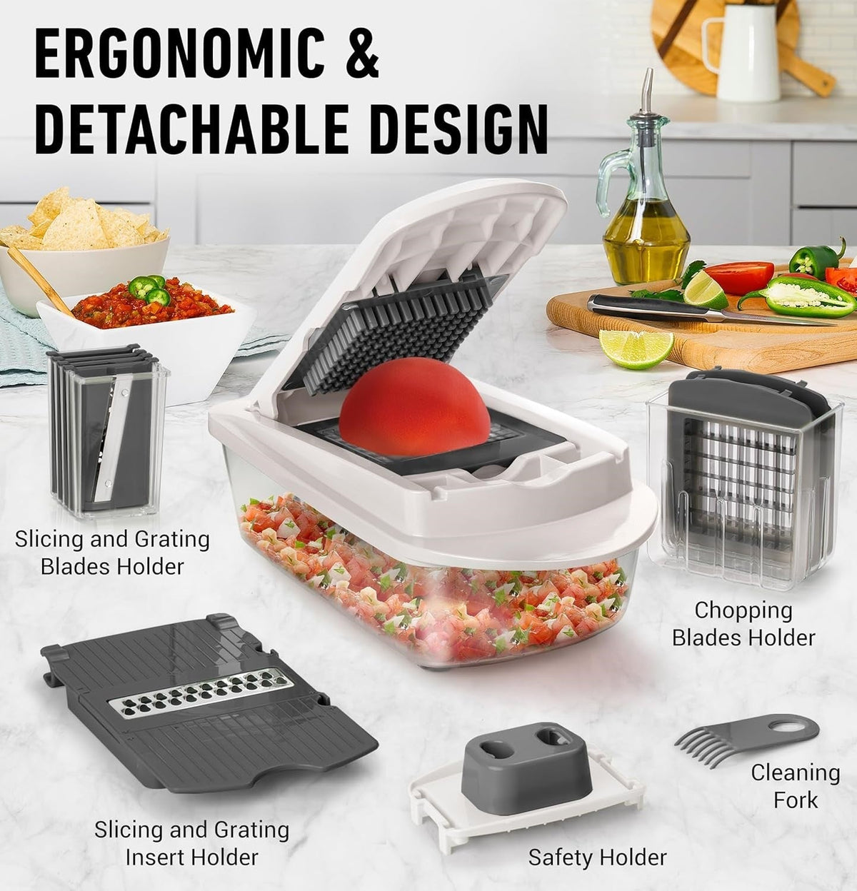 Ergonomischer Gemüseschneider, abnehmbar, mit Schneid- und Reibeklingen, weiß, Küche.