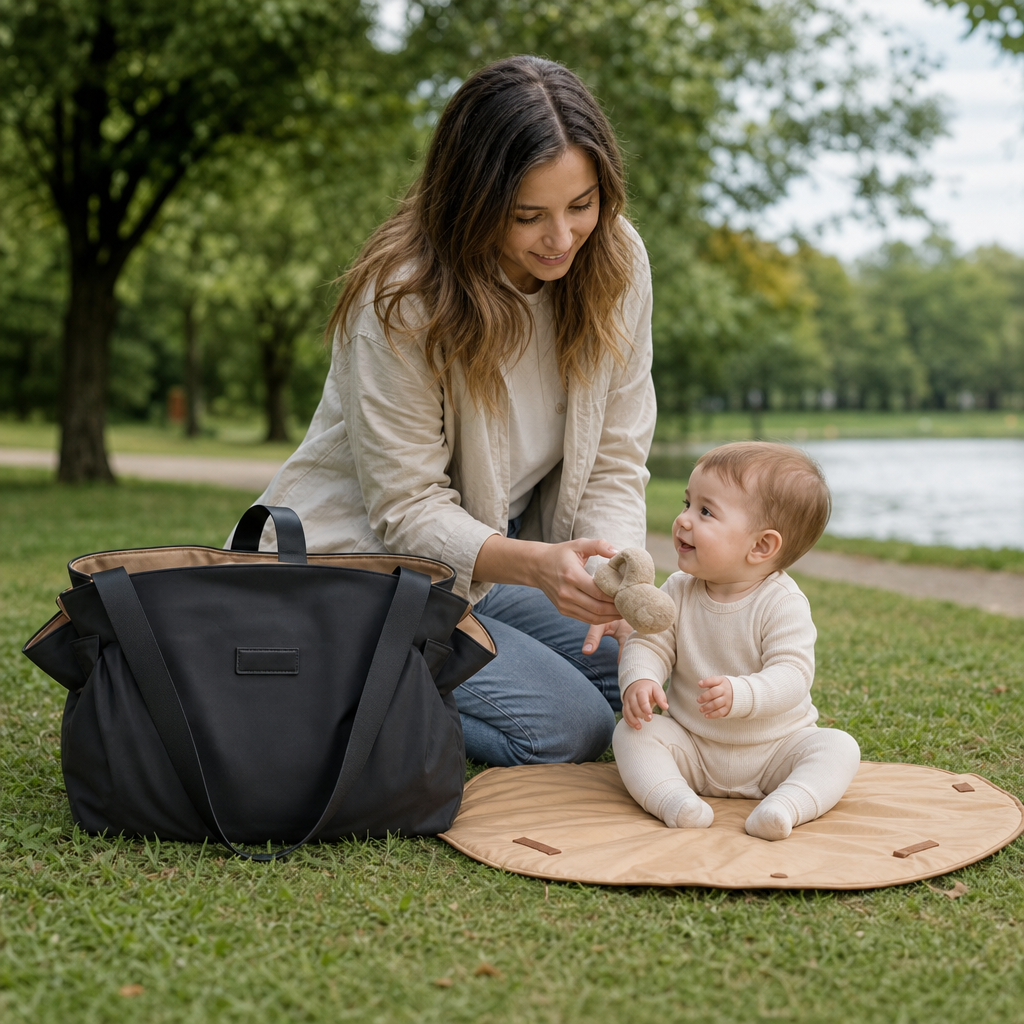 Faltbare Wickeltasche & Wickelunterlage 2-in-1 | Braun, Schwarz oder Beige | Leicht, 94 cm Wickelfläche, kompakt verstaubar 2