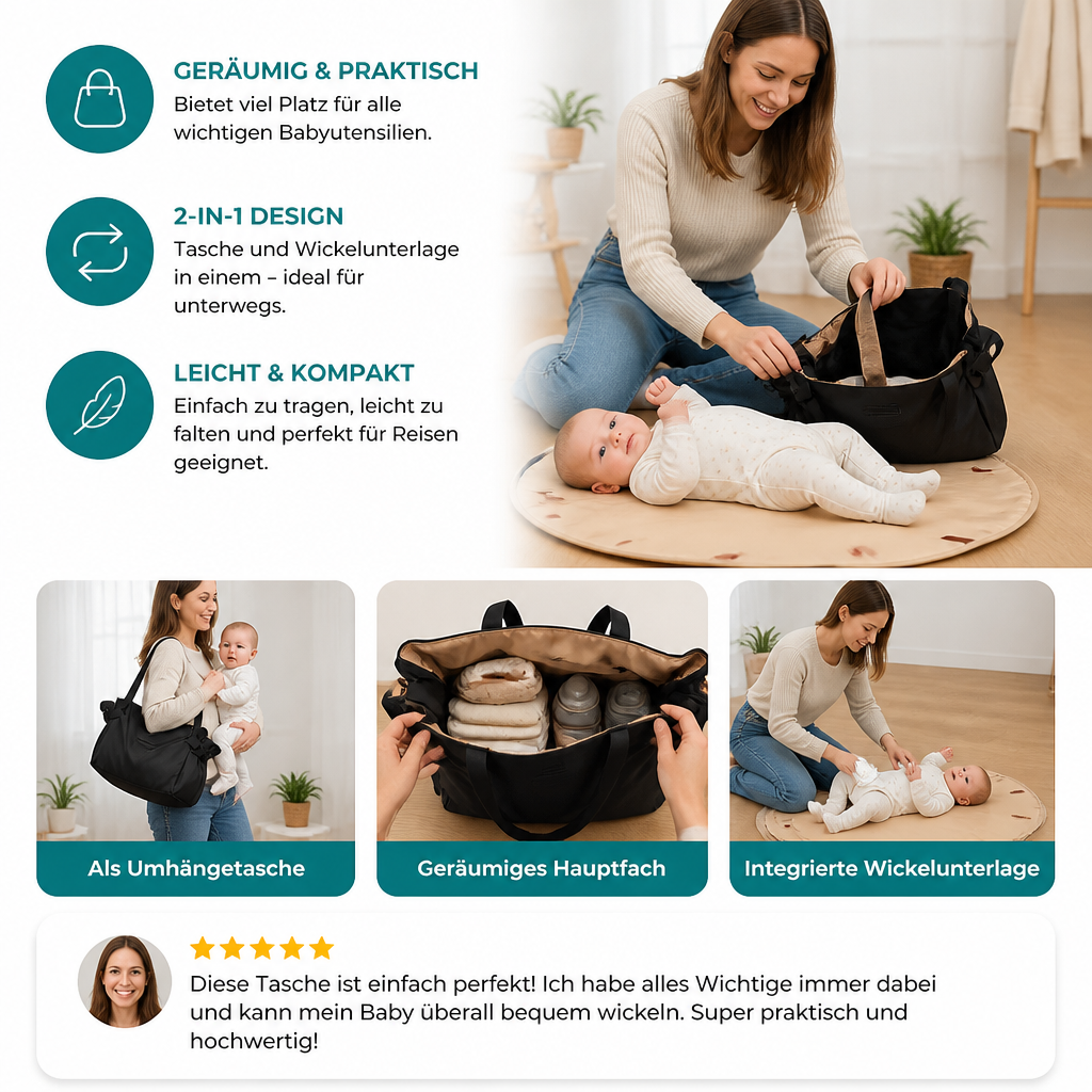 Faltbare Wickeltasche & Wickelunterlage 2-in-1 | Braun, Schwarz oder Beige | Leicht, 94 cm Wickelfläche, kompakt verstaubar 4