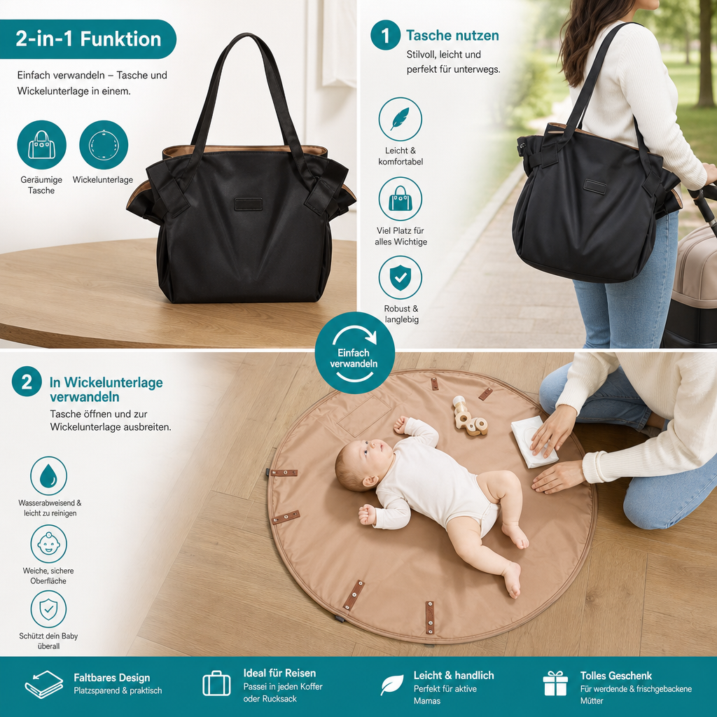 Faltbare Wickeltasche & Wickelunterlage 2-in-1 | Braun, Schwarz oder Beige | Leicht, 94 cm Wickelfläche, kompakt verstaubar 3