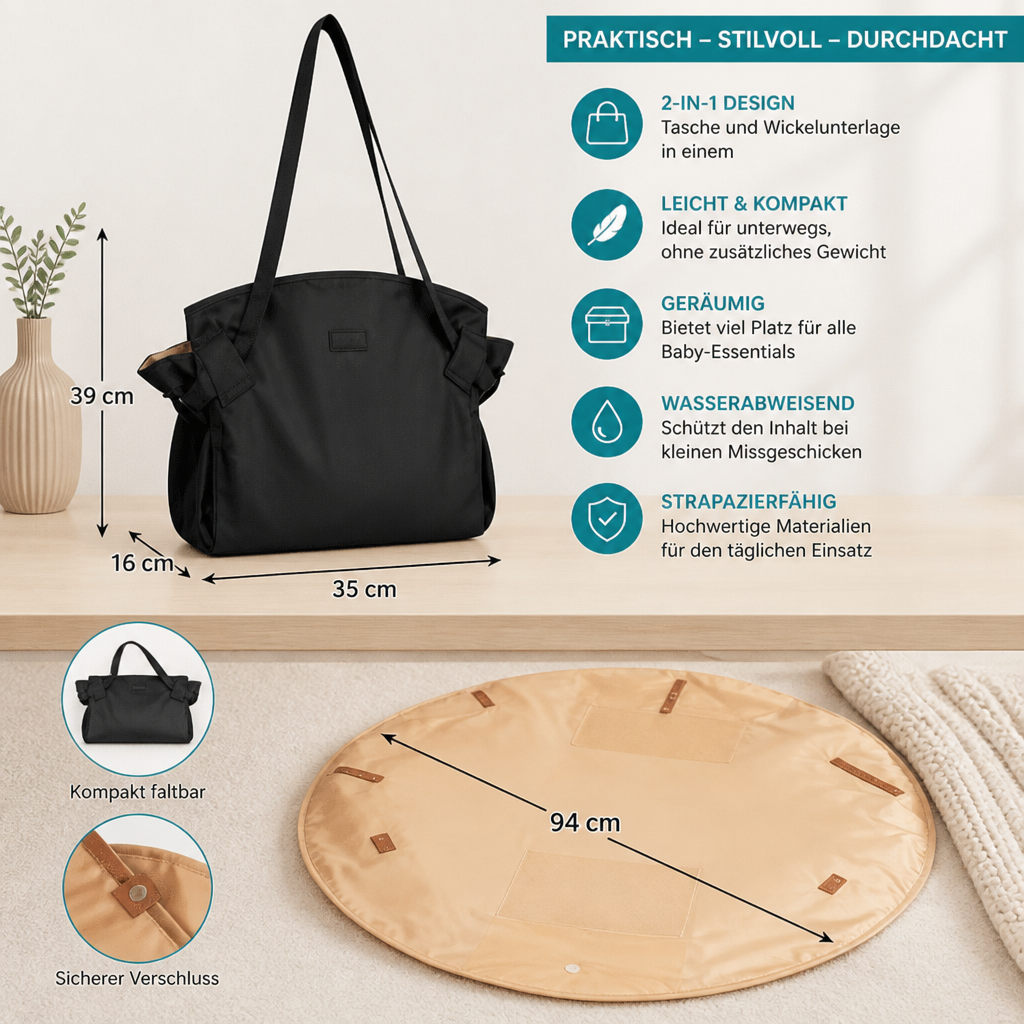 Faltbare Wickeltasche & Wickelunterlage 2-in-1 | Braun, Schwarz oder Beige | Leicht, 94 cm Wickelfläche, kompakt verstaubar 6