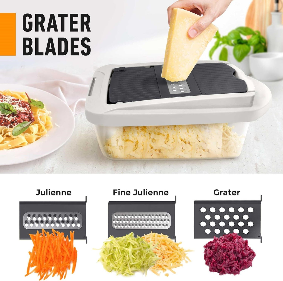 Käsereibe mit Behälter, Edelstahl, vielseitig, Julienne-Schneider, Küchenzubehör.