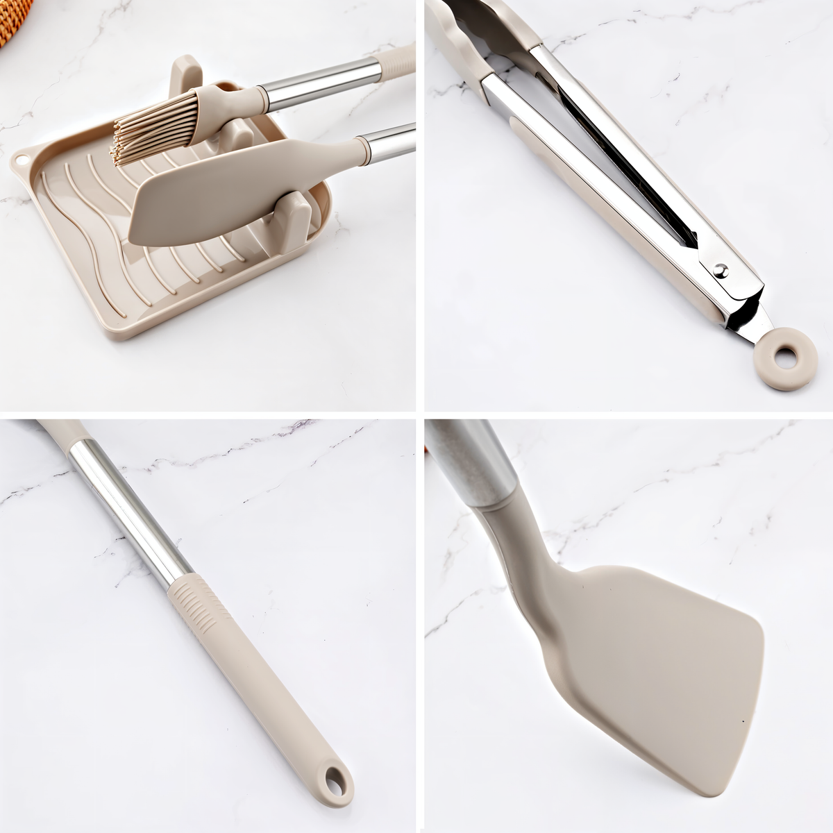 Beige Silikon-Küchenutensilien-Set mit Zange, Spatel, Pinsel und Abtropfgestell auf Marmor.