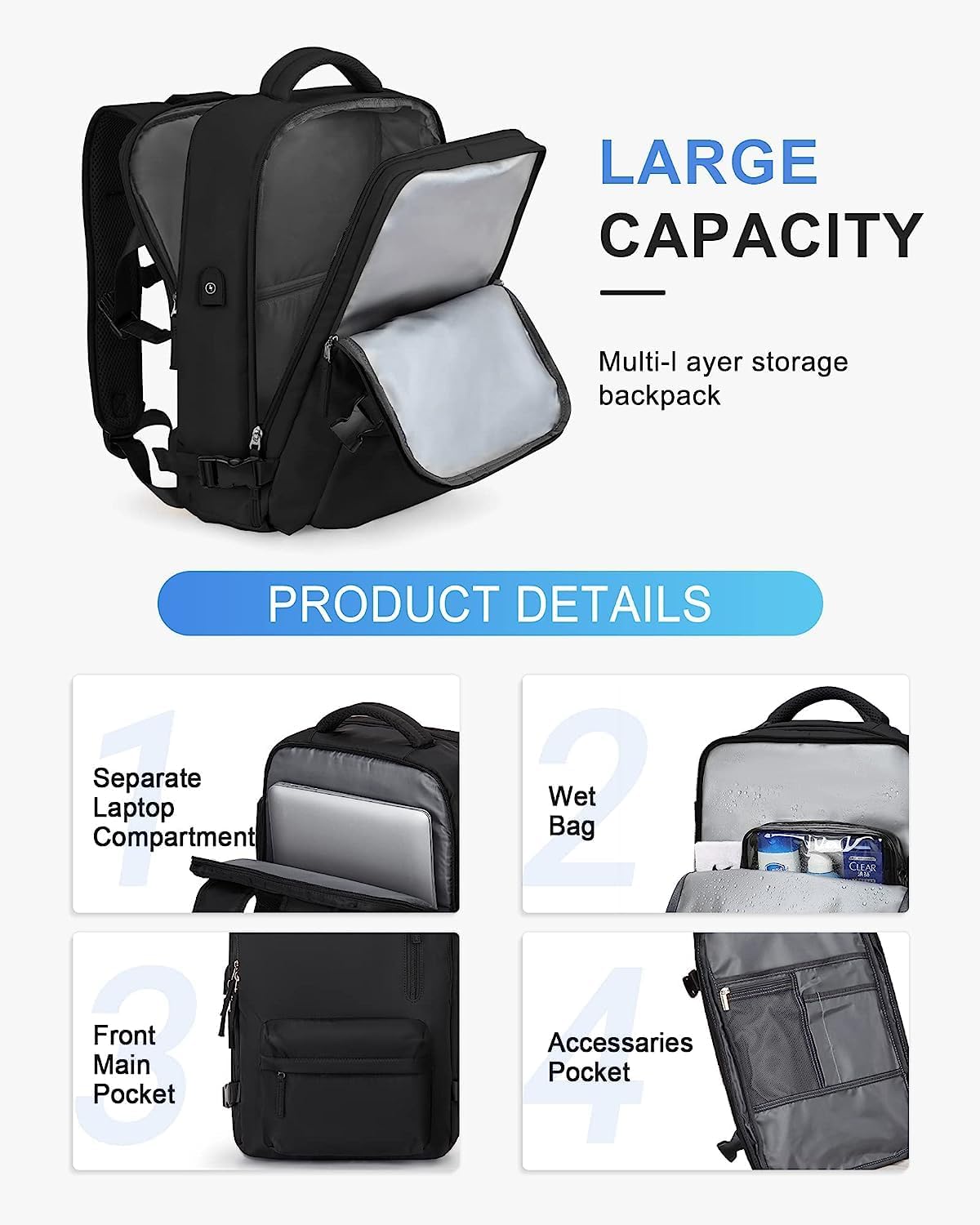 Reiserucksack 40L Wasserabweisend | Schuhfach, USB-Ladeanschluss, Laptopfach bis 14 Zoll | Organisierter Stauraum für Reisen 8