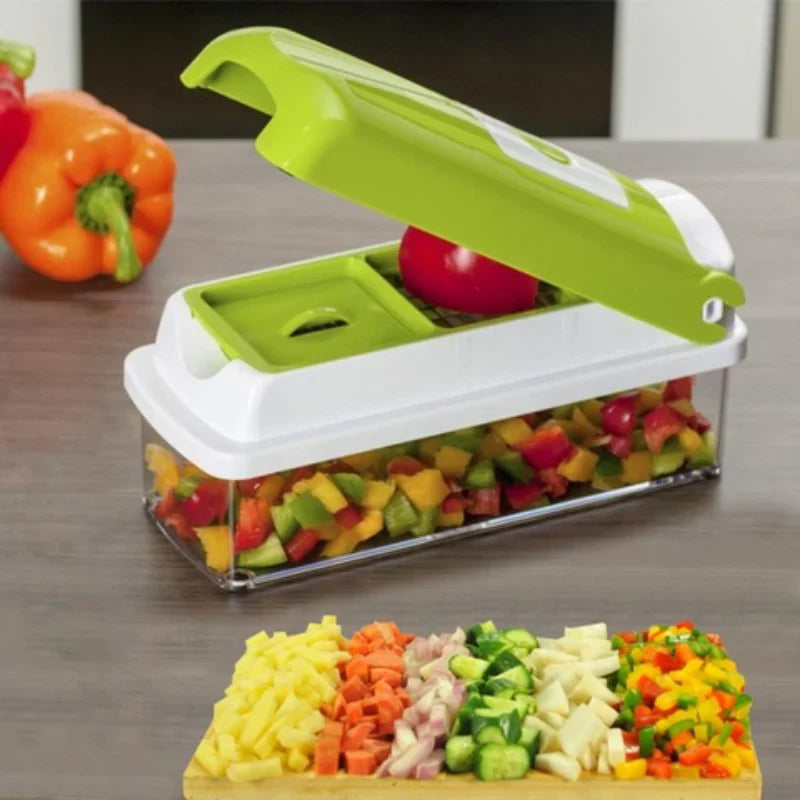 Gemüseschneider 12-in-1 Edelstahlklingen | Mit Auffangbehälter & Fingerschutz | Schnell, Sauber und Sicher Schneiden 6