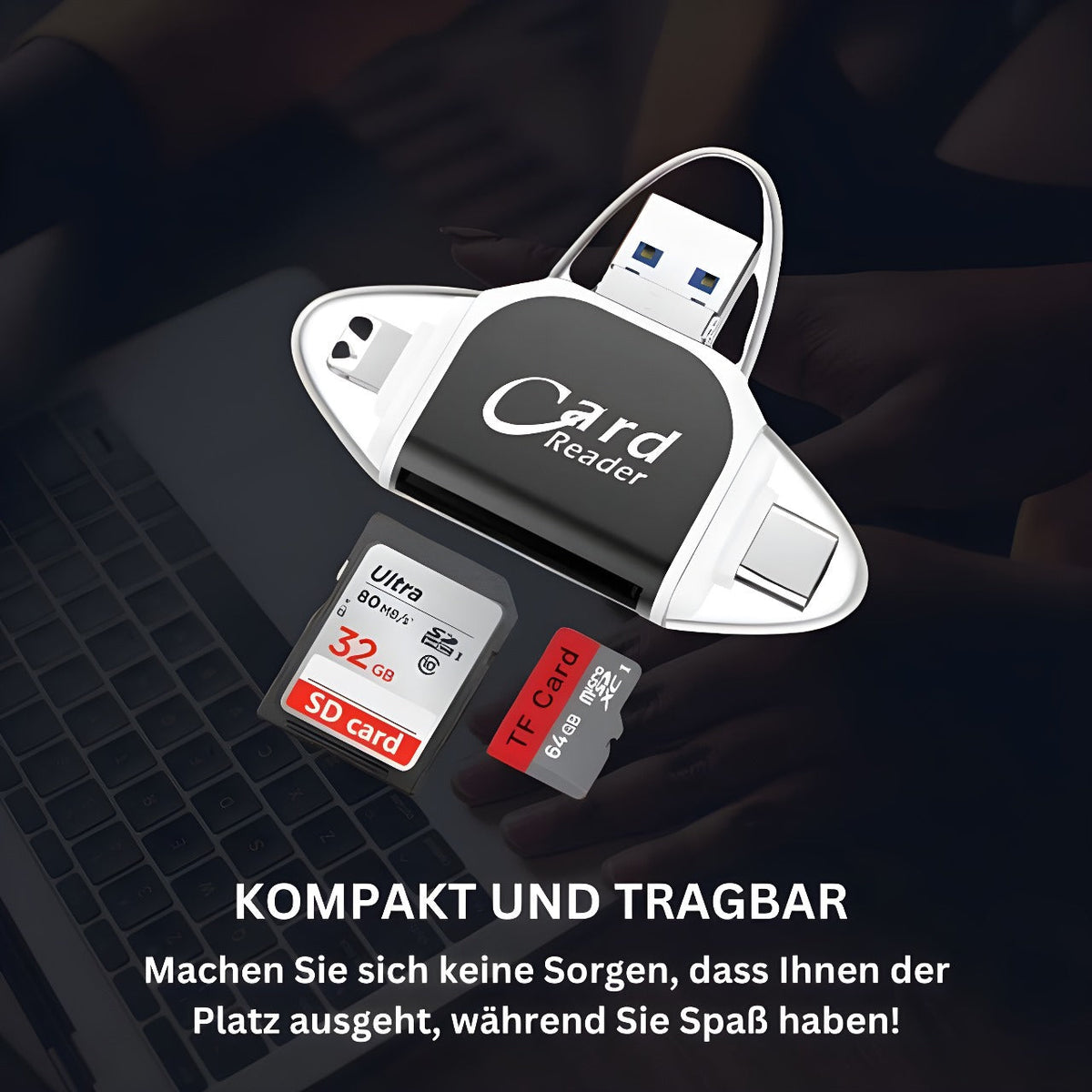 SD Kartenleser 4-in-1 | USB C, Lightning, Micro USB, USB A | Bis zu 400 GB, 500 Mbps, Plug and Play mit Schlüsselring 4