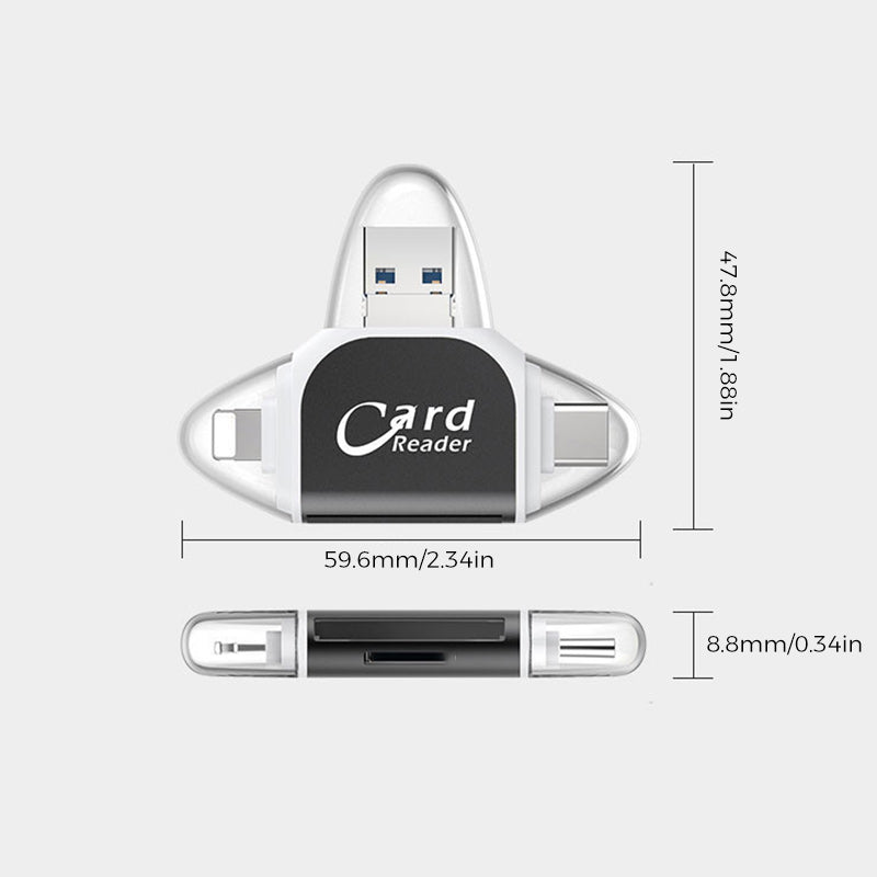 SD Kartenleser 4-in-1 | USB C, Lightning, Micro USB, USB A | Bis zu 400 GB, 500 Mbps, Plug and Play mit Schlüsselring 11