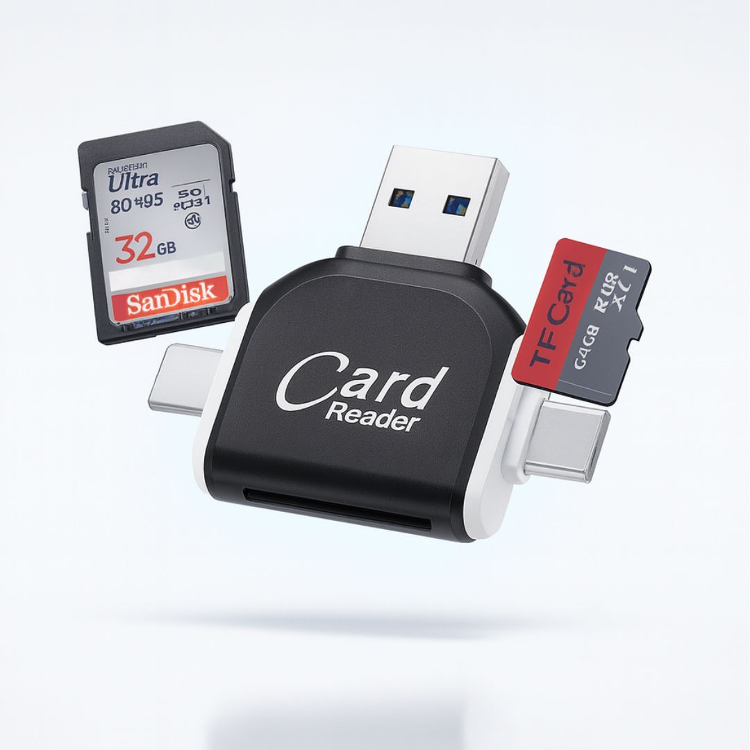 SD Kartenleser 4-in-1 | USB C, Lightning, Micro USB, USB A | Bis zu 400 GB, 500 Mbps, Plug and Play mit Schlüsselring 1