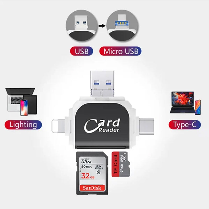 SD Kartenleser 4-in-1 | USB C, Lightning, Micro USB, USB A | Bis zu 400 GB, 500 Mbps, Plug and Play mit Schlüsselring 5