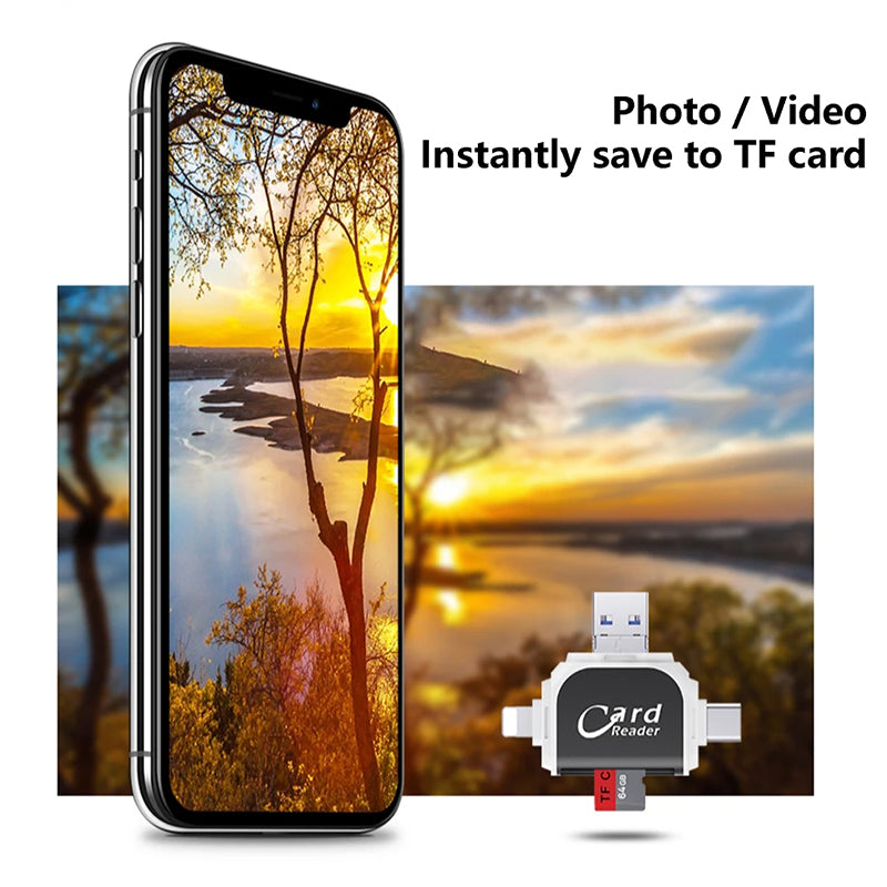 SD Kartenleser 4-in-1 | USB C, Lightning, Micro USB, USB A | Bis zu 400 GB, 500 Mbps, Plug and Play mit Schlüsselring 8