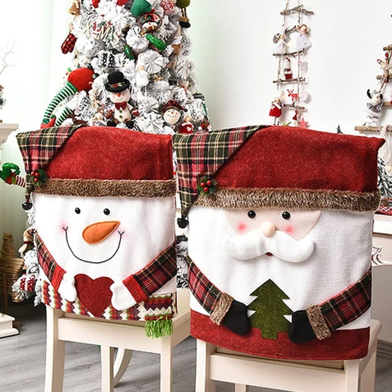 Weihnachts-Stuhlhusse Santa, Schneemann, Elch | 54 x 48 cm, 2er-Set | Weiches Leinen-Fleece, wiederverwendbar für Feste 6