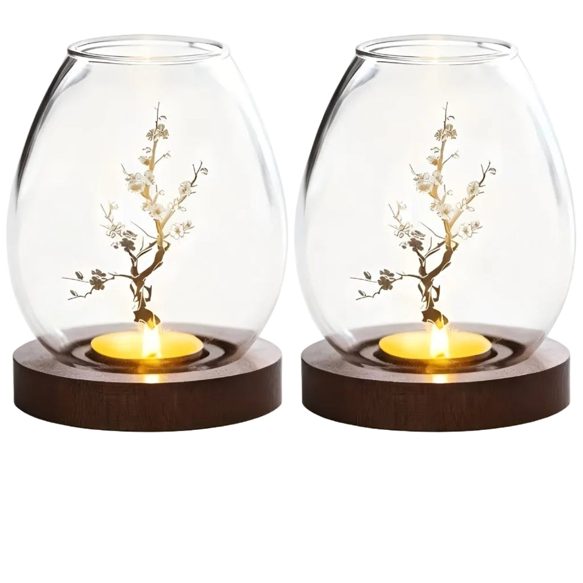 Glaskerzenhalter-Set 2-teilig, Glas und Holz | Retro-Zen-Design mit Pflaumenzweig-Motiv | Für Wohnzimmer, Terrasse, Außenbereich 1