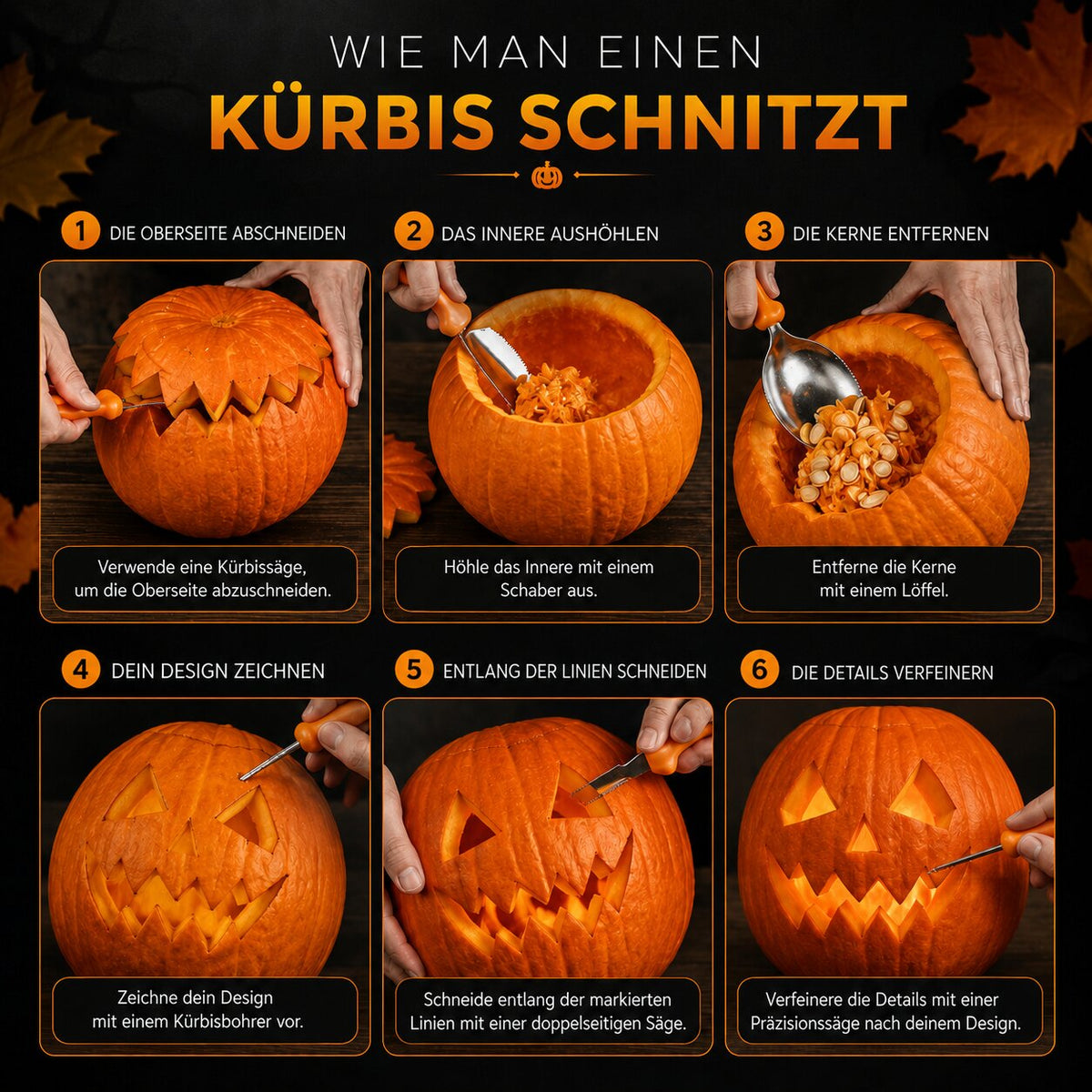 Kürbisschnitzset für Halloween | 10-teiliges Set mit Aufbewahrungstasche | Edelstahlklingen, Gesamtlänge bis 19 cm 5