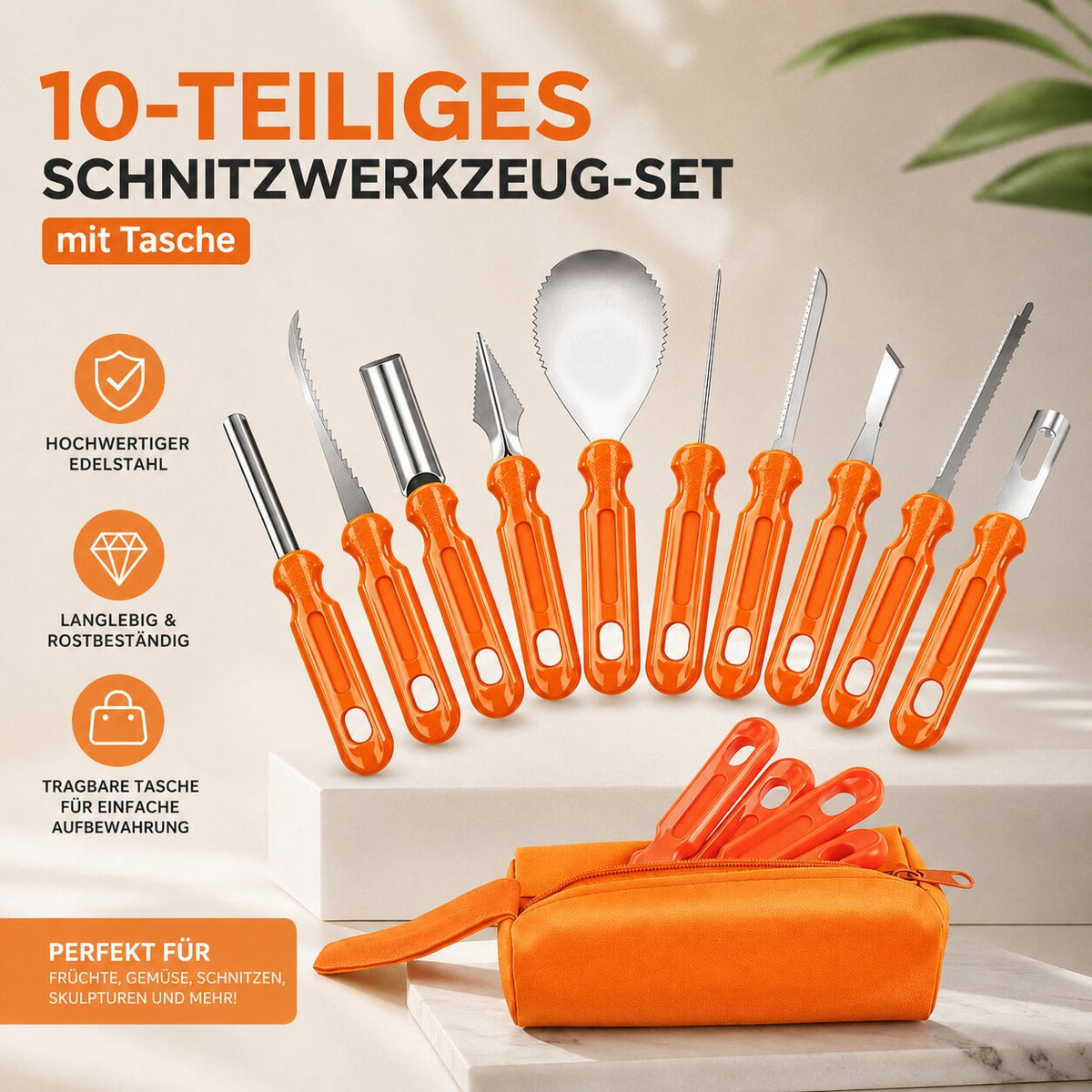 Kürbisschnitzset für Halloween | 10-teiliges Set mit Aufbewahrungstasche | Edelstahlklingen, Gesamtlänge bis 19 cm 2